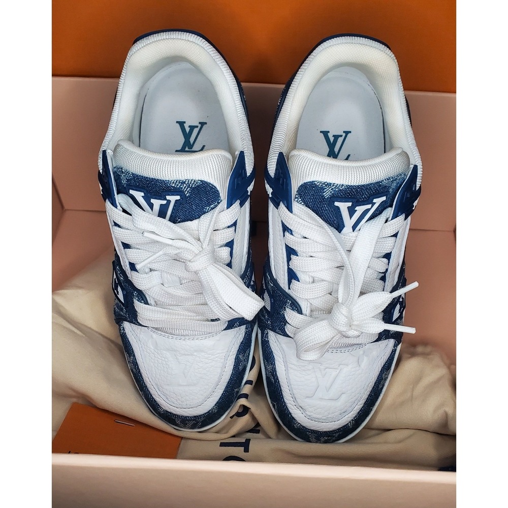 Louis Vuitton Trainer Sneaker Monogram Denim Blue White LD 0264 Size 36.5 - Picture 3 of 9